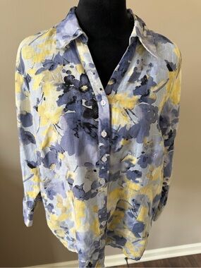 JM Collection Linen Floral Button-Shirt Blue & Yellow Size 16 3/4 Sleeves